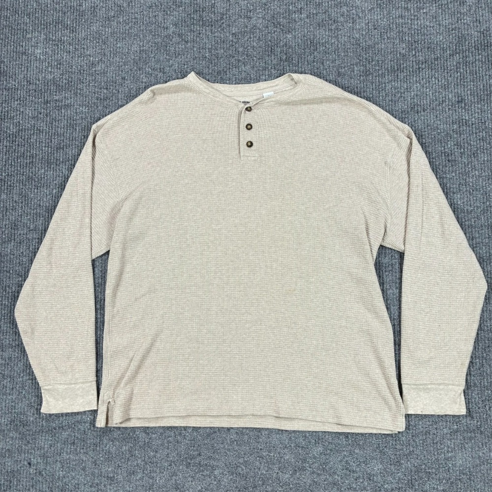 Reel Legends Henley Shirt Mens XL Thermal Waffle Knit Long Sleeve Beige Cotton